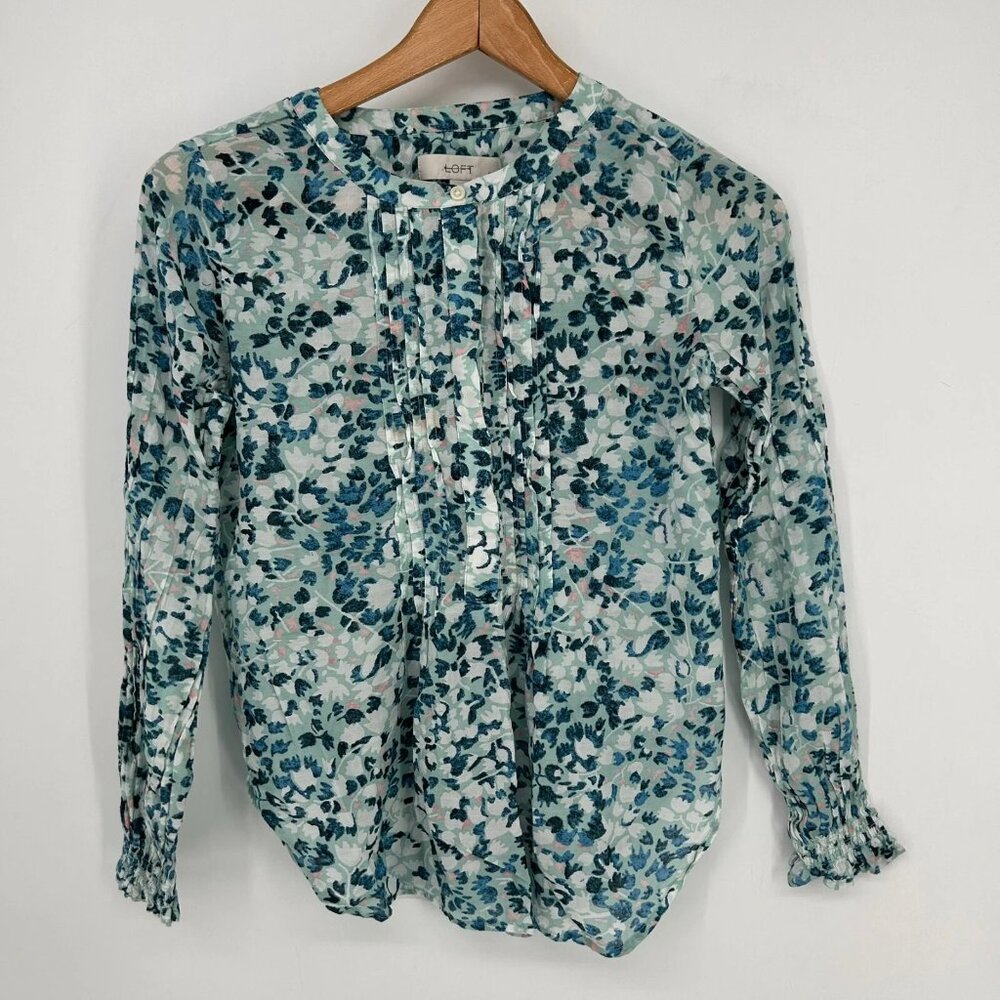 LOFT Blouse Womens XSP Blue Floral Print Long Sleeve Popover Petite